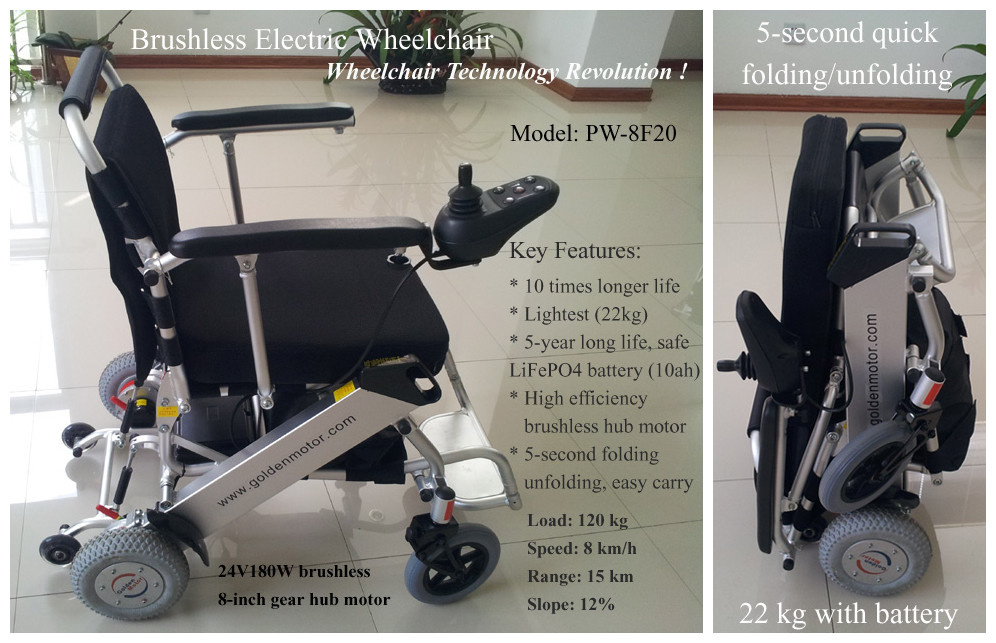 Electric Wheelchair /Lighest /Safest /Foldabe with Brushless and Gearless Motor with CE